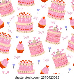 Lovely Valentine`s day pattern design with cakes on blue background. Festive artistic cover. Poster, business card, invitation, flyer, banner, email header, menu, wrapping paper, wallpaper