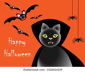 A lovely vampire / dracula cat in black hoodie with spiders and bats. Isolated on orange background. Idea for halloween festival. Vector Illustration.