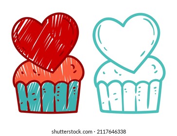 Lovely VDay cupcake, contour illustration, colored with scribbles. Simple line art cupcake with heart decor, vector illustration. VDay doodle. St. Valentine's day graphic. Love symbol