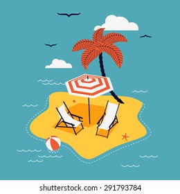 Lovely vector abstract island paradise with palm, chaise lounge and parasol umbrella sunshade