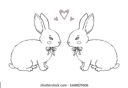Lovely vector animation rabbit bunny hare with a bow in love is isolated on a white background. Children fantastic handwork drawing