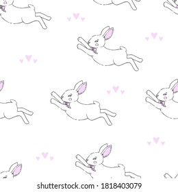 Lovely vector animation rabbit bunny hare with a bow in love is isolated on a white background. Handwork fantastic drawing. Seamless pattern for design