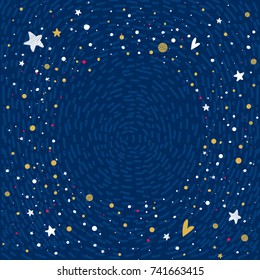 Lovely vector background with dark blue sky, stars, hearts, snow. Winter night. Works well as element for poster, print, greeting card, different childish accessories. Abstract astronomical design