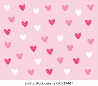 Um fundo vetorial encantador com corações desenhados à mão em tons de vermelho, rosa e branco espalhados por um pano de fundo rosa suave. O estilo minimalista do doodle cria uma estética romântica e brincalhona, perfeita para cartões comemorativos do Dia dos Namorados.