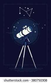 Lovely vector background on astronomy with telescope on night sky with constellation on background. Celestial bodies, constellations and Solar system observation equipment optical telescope