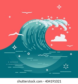 Lovely vector background on large ocean breaking wave. Sea water background in flat design with abstract wave and seagulls. Storm wave. Surf wave breaking, barrel of a wave illustration