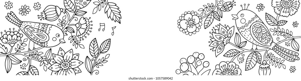 Lovely vector banner illustration with cute birds sitting on the brunches with flowers. Spring and summer outline illustration.