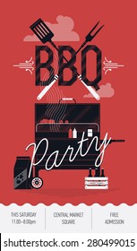 Lovely vector barbecue party flyer design template | Trendy BBQ cookout poster design with large grill apparatus, fork, cooking paddle, sample text and more