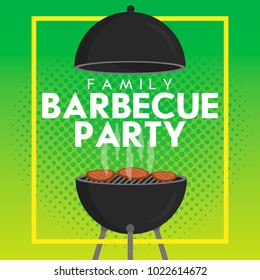 Lovely vector barbecue party invitation design template. Trendy BBQ cookout poster design with classic charcoal grill, fork, cooking paddle and sample text
