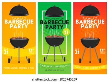 Lovely vector barbecue party invitation design template set. Trendy BBQ cookout poster design with classic charcoal grill and sample text