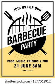 Lovely vector barbecue party invitation design template. Trendy BBQ cookout poster design with classic charcoal grill, fork, cooking paddle and sample text. Vector illustration.