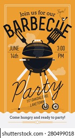 Lovely vector barbecue party invitation design template | Trendy BBQ cookout poster design with classic charcoal grill, fork, cooking paddle and sample text