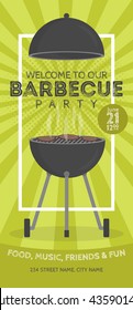Lovely vector barbecue party invitation design template. Trendy BBQ cookout poster design with classic charcoal grill, fork, cooking paddle and sample text