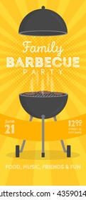 Lovely vector barbecue party invitation design template. Trendy BBQ cookout poster design with classic charcoal grill, fork, cooking paddle and sample text