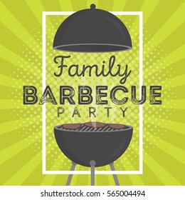 Lovely vector barbecue party invitation design template. Trendy BBQ cookout poster design with classic charcoal grill, fork, cooking paddle and sample text.