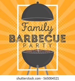 Lovely vector barbecue party invitation design template. Trendy BBQ cookout poster design with classic charcoal grill, fork, cooking paddle and sample text.