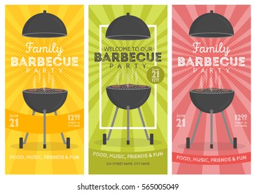 Lovely vector barbecue party invitation design template set. Trendy BBQ cookout poster design with classic charcoal grill, fork, cooking paddle and sample text.