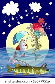 Lovely vector card with cute cartoon fish in love and cunning pike with hat, sunglasses and fishing rod against the full moon.