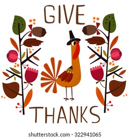Lovely vector card or poster for Happy Thanksgiving with cute Turkey. - stock vector

