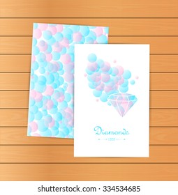Lovely vector cards, emblem, design element, logotypes. Beautiful white diamonds shapes on blue bubble background. Jewelry store emblem. Jewelry labels, decor, ornament. Diamond logo. Fashion style.