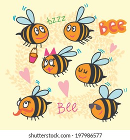 Lovely vector cartoon set of funny bees.