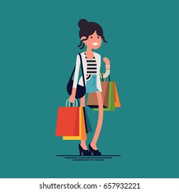 Lovely vector character design on shopping girl. Adult young woman shopper standing with  various paper bags