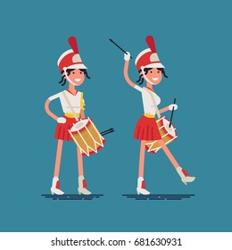 Lovely vector character design on marching parade drummer girl. Flat design street music festival orchestra band female member wearing uniform, shako and a drum. Standing and performing poses