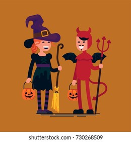 Lovely vector character design on halloween kids wearing costumes. Happy boy and girl in witch and devil costumes holding groom, trident and trick or treat pumpkin baskets 