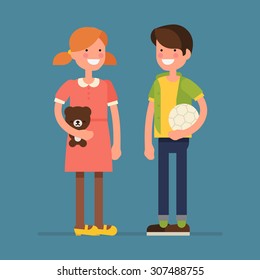 Lovely vector character flat design on children little boy and girl kids standing full length smiling cheerfully holding teddy bear and soccer ball toys