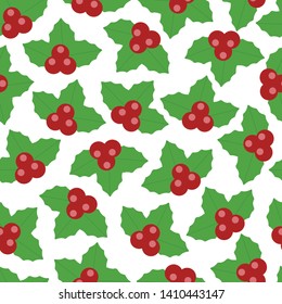 Lovely vector Christmas berry seamless pattern background in red, green, white colors. Perfect use for wallpaper, fabric, packaging, gift-wrap and many more surface.