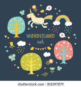 Lovely vector collection set with cute unicorns, trees, hearts, birds, clouds, rainbows, butterflies and flowers in bright colors.