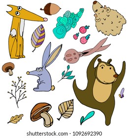 Lovely vector colorful set with different forest animals and plants. Hand drawn. 