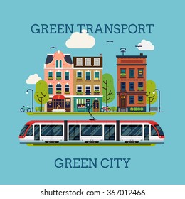 Lovely vector concept layout on ecological friendly green electric public transport in city. Green transport means green city. Environment friendly urban public transport flat design illustration