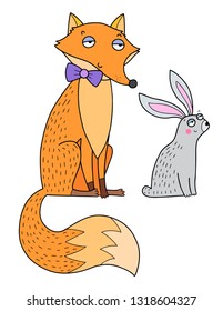 Lovely vector drawing of the foxy fox and cute bunny. Perfect for children.