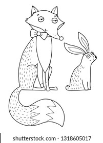 Lovely vector drawing of the foxy fox and cute bunny. Perfect for children. Outline drawing for coloring book or page for kids or adults.