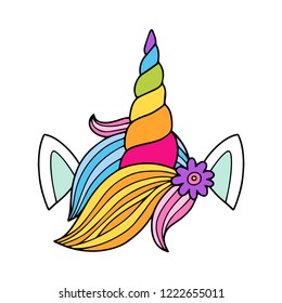 Lovely vector drawing of the unicorn horn with mane. Rainbow colors, illustration with outline. Perfect for photo booth prop for a party.