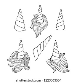 Lovely vector drawing of the unicorn horn with mane. Collection or set. Black and white, illustration with outline. Perfect for photo booth prop for a party or for a coloring book or page.