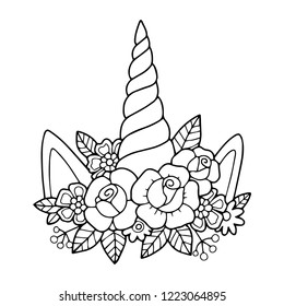 Lovely vector drawing of the unicorn horn with mane. Black and white, illustration with outline. Perfect for photo booth prop for a party or for a coloring book or page.