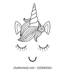Lovely vector drawing of the unicorn horn with mane. Black and white, illustration with outline. Perfect for photo booth prop for a party or for a coloring book or page.