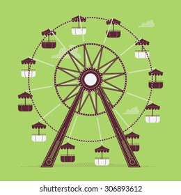 Lovely Vector Ferris Wheel Old Fashioned Illustration | State Fair Amusement Observation Wheel Ride Decorative Element. Ideal For Festive Graphic Design, Wall Art, Posters And Other Printables 