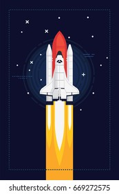 Lovely vector flat design background on space exploration with space shuttle on night sky background. Spaceship vertical launch