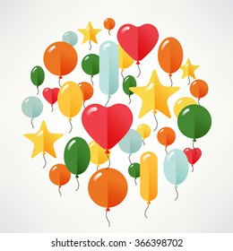 Lovely vector flat design flying balloons round circle composition | Trendy style balloon cloud abstract element. Ideal for celebration festive party invitations, postcards, posters and banners