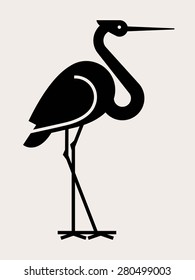 Lovely vector flat design geometric long legged stork bird black silhouette. Ideal for stickers, decals or stencil art