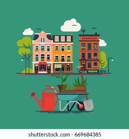 Lovely vector flat design illustration on 'Urban Garden' with downtown houses, trees and gardening tools such as shovel, watering can and wheelbarrow with plants and flowers