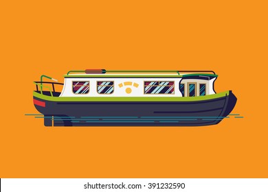 Lovely vector flat design narrowboat. Narrow canals boat water transport transport illustration. River barge based leisure and recreation cruising transport narrow boat. River houseboat