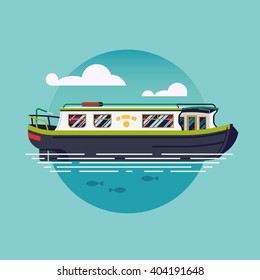 Lovely vector flat design narrowboat round icon. British canal boat water recreational transport illustration. River barge based leisure and recreation cruising transport narrow boat. River houseboat