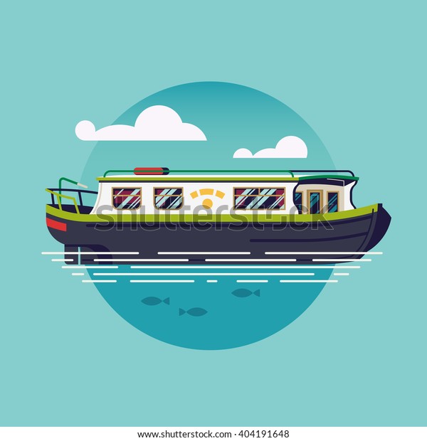 Lovely vector flat design narrowboat round\
icon. British canal boat water recreational transport illustration.\
River barge based leisure and recreation cruising transport narrow\
boat. River houseboat