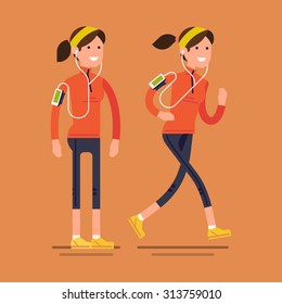 Lovely vector flat design on fitness workout running woman in fall autumn clothing outfit | Cold season outdoors run | Sport friendly smiling female character standing and running with earphones on