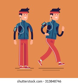 Lovely Vector Flat Design On Fitness Workout Running Man In Fall Autumn Clothing Outfit | Cold Season Outdoors Run | Sport Friendly Smiling Male Character Standing And Running With Earphones On