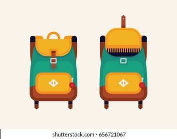 Lovely vector flat design school decorative rucksack element. Closed and opened kids backpack